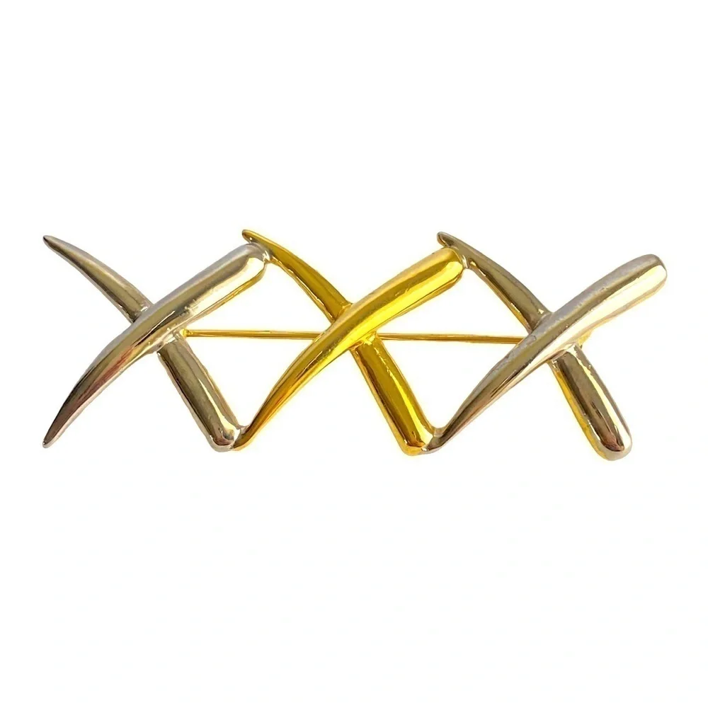 Vintage X Brooch Two Tone Metal Gold Silver Pin Hugs & Kisses 90s‎ Y2K Pin